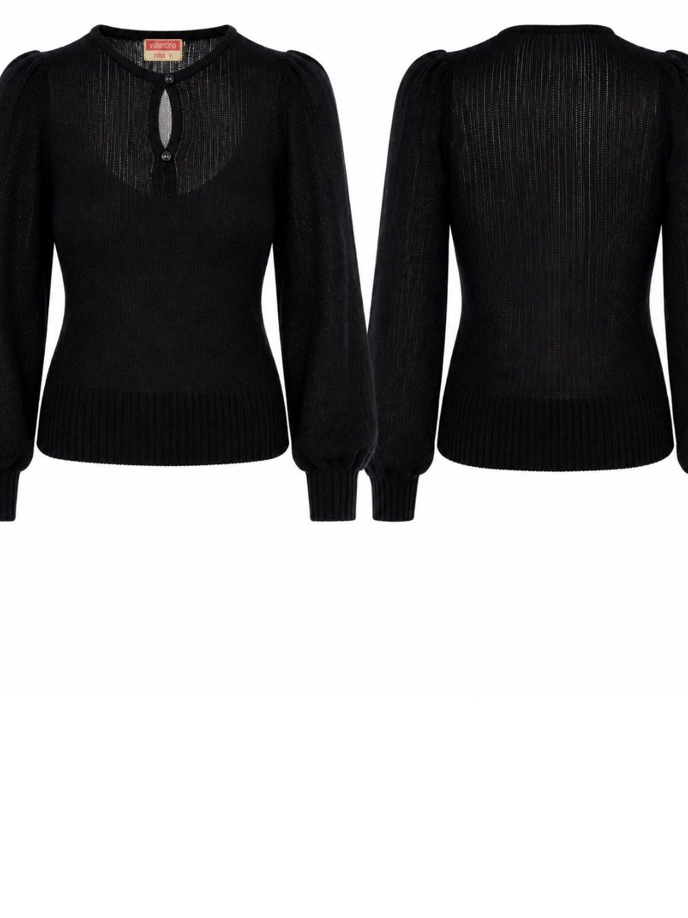 VTG Miss V Valentino Open Knit, Puff Sleeve, Key-hole 2 Button Sweater